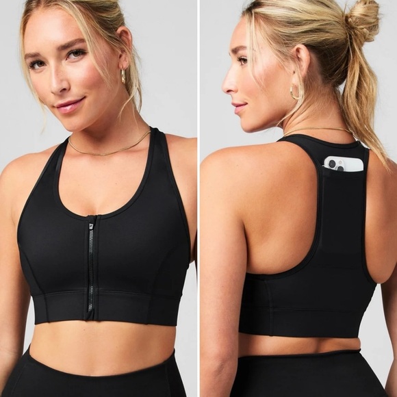 Fabletics On-The-Go Zip Medium Impact Sports Bra - Picture 1 of 4